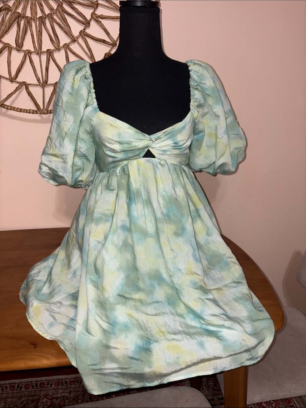 Future collective Pastel Tie-Dye Puff Sleeve Mini Dress - Mint Blue